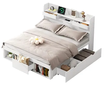 Zdjęcie produktu dla Łóżko rodzinne – wielofunkcyjne łóżko dwuosobowe – 140 x 190 cm – z gniazdami USB – z szufladami i szafką – wykonane z drewna bukowego – kolor biały – bez materaca