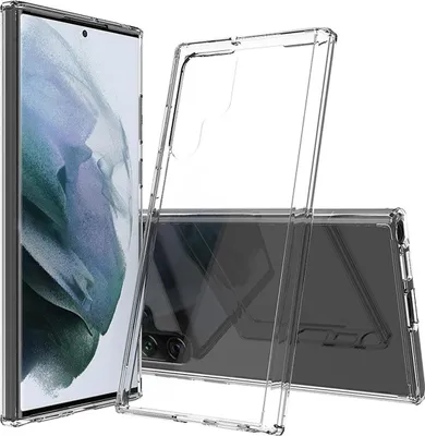 A clear phone case is shown in front of a phone.