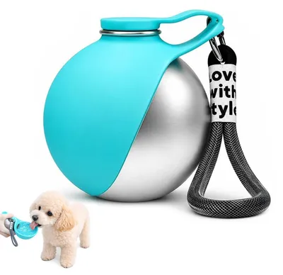 Imagen del producto de Botella de acero inoxidable con cuenco de silicona para beber, de 285 ml, ideal para perros cuando están de viaje