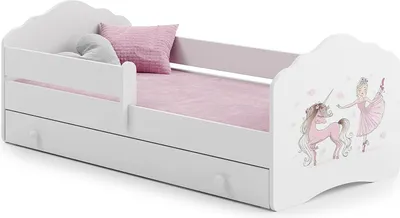 Produktbild von Kinderbett 70x140 | 80x160 cm mit Matratze und Schublade, Lattenrost & Rausfallschutz Bett für Kinder Bett Bed Rausfallschutz Kinderbett Einzelbett Komplettbett in weiß mit Pferd Motiv 160x80 cm