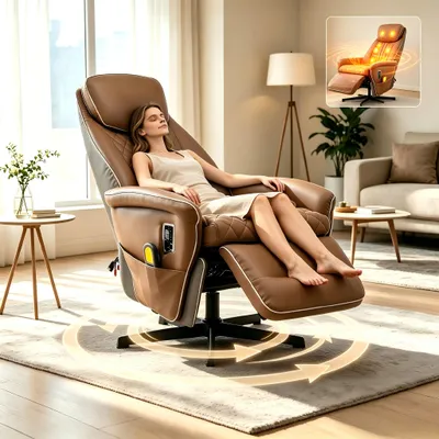 Produktbild von Massagesessel 360° drehbar Relaxsessel Heizfunktion Verstellbar Fernsehsessel Massage Liegefunktion TV Sessel Lederoptik Hellbraun