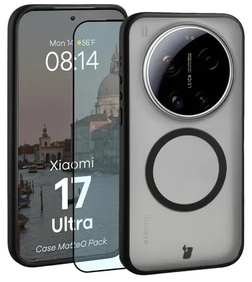 Produktbild von Schutzhülle mit Magnetring + gehärtetem Glas für Xiaomi 17 Ultra, Bizon MatteO Pack, Getönt-Schwarz