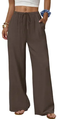 Obrázek produktu pro ASKSA Dámské kalhoty Letní Volné Vysoký pas Baggy Jednobarevné  Elegantní volné, splývavé a lehké letní kalhoty s kapsami (kávová, XXL)
