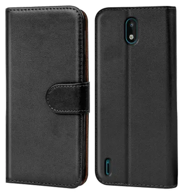 A black flip case for a smartphone is shown from the front and back.