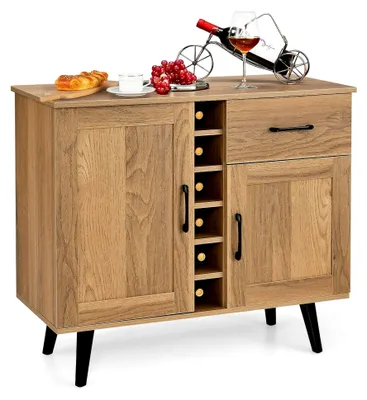 Produktbild von Sideboard aus Holz, Küchenschrank mit 2 Türen, 1 Schublade und Weinregal für 6 Flaschen, Buffetschrank im Landhausstil, Weinschrank für Küche, Esszimmer, Wohnzimmer, 90 x 40 x 79 cm, Natur