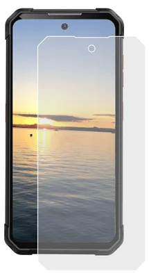 A screen protector is placed over a smartphone displaying a sunset over water.