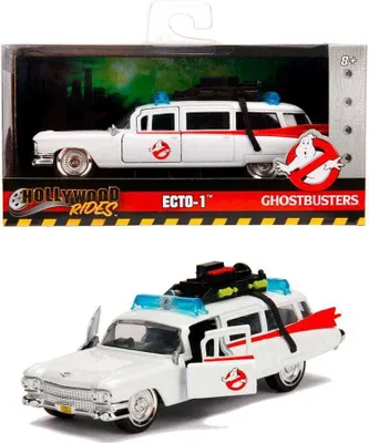 A toy model of the Ecto-1 car from Ghostbusters, shown in its packaging and also outside of the packaging.