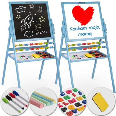 A double-sided easel with art supplies, including chalk, markers, and magnetic letters.