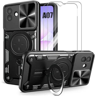 Image de Coque + 2 Verres Trempés pour Samsung Galaxy A07, Protection Antichoc avec Anneau et Cache Objectif - Noir