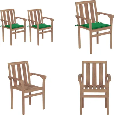 Produktbild von vidaXL Gartenstühle 2 Stk. mit Grünen Kissen Teak Massivholz - Gartenstuhl - Gartenstühle - Holz-Gartenstuhl - Holz-Gartenstühle