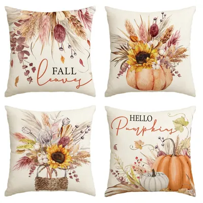 Kissenbezug Herbstdeko 40x40 cm 4er-Set Sonnenblumen Kürbisse