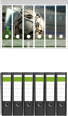 Produktbild von Wallario 6 Stück breite Ordner inkl. Klebeetiketten mit Motive Fußball - Ball im Tor - Bolzplatz -  Set mit Rückenschildern / Ordnerrücken Stickern