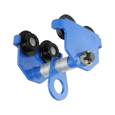 A blue trolley hoist with double wheels is shown against a white background.