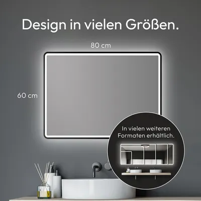 Produktbild von talos, Badezimmerspiegel, 80x60 cm, LED-Lichtumrahmung, Wandmontage, Aluminium, mattschwarz