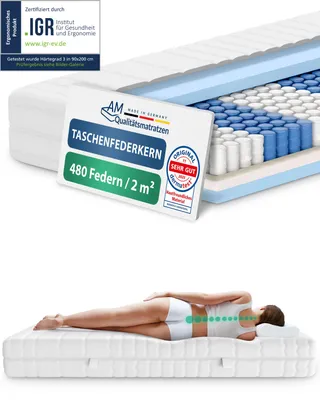 Produktbild von AM Qualitätsmatratzen | ergonomische 7-Zonen Taschenfederkernmatratze | 140x200 cm | H3 | 140/200 | Federkernmatratze | Härtegrad H3 | 7 Zonen | 20 cm Höhe