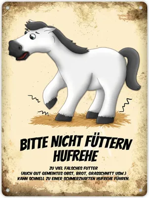 Produktbild von Metallschild XL mit weißem Pferd Motiv und Spruch: Bitte nicht füttern - Hufrehe