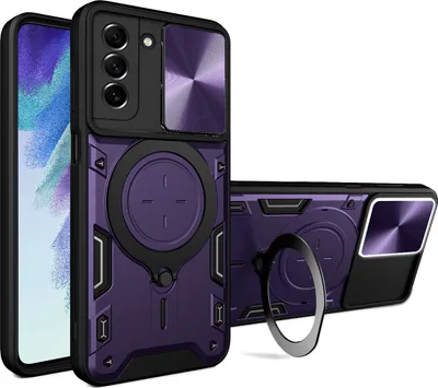 Produktbild von Handyhülle für Samsung Galaxy S21 FE 5G Dual-Layer Stoßfest Rüstung Hülle mit Dia Kameraschutz und Kreisförmig Ring Ständer Lila