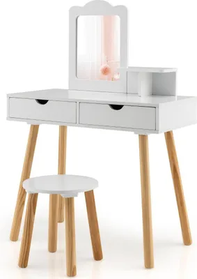 Produktbild von 2 in 1 Kinder Schminktisch Set Schreibtisch & Hocker mit Spiegel 70 x 37 x 100 cm Weiß