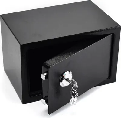 Immagine prodotto di Cassaforte in acciaio - Cassaforte fissabile alla parete - Serratura a chiave - 4,6 l - 3 chiavi - 23×17×17 cm - Porta 1,7 mm - Corpo 1 mm - Nero
