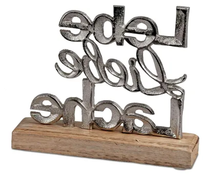 Produktbild von Schriftzug Lebe Liebe Lache Aluminium Mangoholz 18 cm Tischdeko Silber