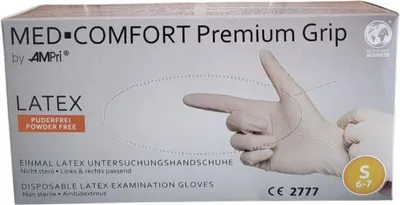 Produktbild von Latex-Handschuhe PREMIUM GRIP puderfrei AMPRI – extra Griffigkeit, 100 Stück | Größe S