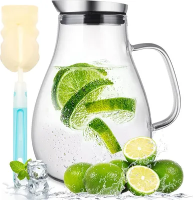 Produktbild von Glaskaraffe 2L mit Deckel Borosilikatglas Wasserkaraffe Hitzebeständig Wasserkrug Getränkekaraffe für Wasser Eistee Saft Kaffee Milch Wein