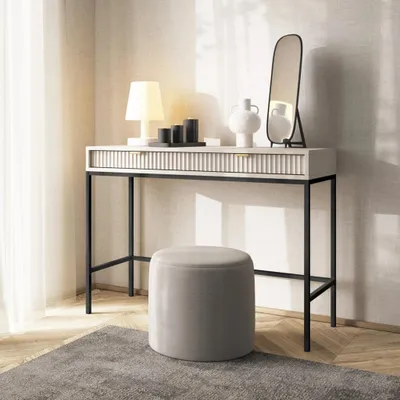 Productafbeelding van Make-uptafel Kioto, 104 cm, kasjmierbeige en zwart – met ribbelstructuur aan de voorkant, gouden handgrepen, 2 lades, console