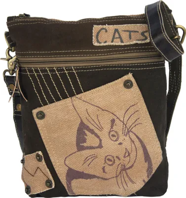 Produktbild von Sunsa Damen Tasche Umhängetasche, Handtasche aus Canvas & Leder. Nachhaltige Produkte, kleine Vintage Stoff Shoulder bag, Schultertasche, Segeltuch Crossbody, Geschenkideen für Frauen, Katzenmotiv