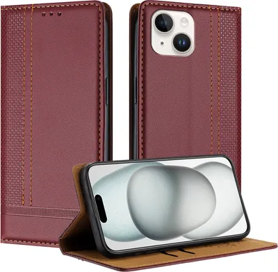 Produktbild von Handyhülle für iPhone 15 Leder Flip Klappbare Schutzhülle mit Standfunktion Dunkelrot