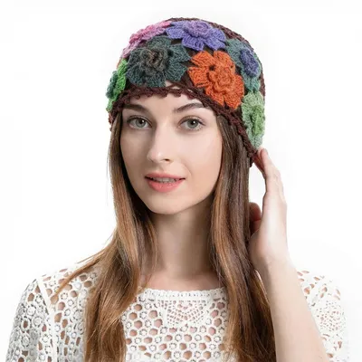 Imagen del producto de Omgoods - Gorro de lana para mujer con motivos florales, hecho a mano