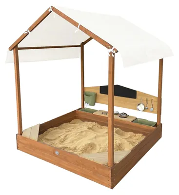 Produktbild von AXI Meli Sandkasten & Spielhaus aus Holz mit Spielküche und Dach - Braun | Sandkasten inklusive krijtbord, watertank en 6-delige speelgoed kookset | Mit Bodenplane & Schutzhülle | 120 x 120 x 144,5 cm