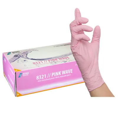 Produktbild von NITRAS PINK WAVE, Einmalhandschuhe aus Nitril, rosa, EN 455, EN ISO 21420, EN ISO 374, EN 421, Box à 100 Stück Gr.: S