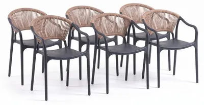 Produktbild von 6er-Set stapelbare Stühle aus Polypropylen mit Rückenlehne aus geflochtenem Seil und Armlehnen, für Garten, Terrasse, Bars und Restaurants – Jennifer Grau