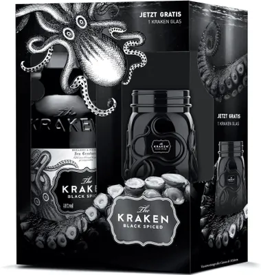 Produktbild von The Kraken Black Spiced Rum mit einem Glas Geschenkpackung | 40 % vol | 0,7 l
