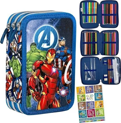 Produktbild von Federmäppchen 3 Fächer - Mäppchen Mädchen und Jungen - Federmappe 3-Fach Federtasche Gefüllte Schüleretui Schulmäppchen und Hausaufgabenheft Avengers