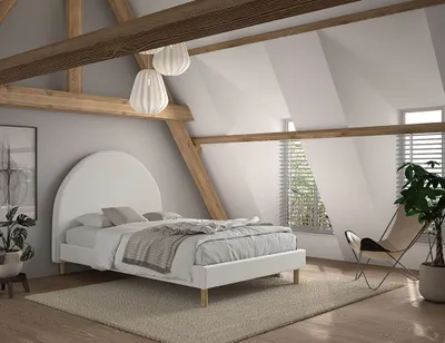 Image de VIPACK - Lit rembourré MOON avec surface de couchage 140 x 200 cm, sommier à lattes inclus, housse en tissu Boucle très tendance en blanc