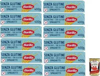Produktbild von Barilla Pasta Nudeln Glutenfreie Spaghetti aus köstlichem Mais und Reis – perfekt für Menschen mit Zöliakie oder Glutenunverträglichkeit, (12 x 400 g) + Italian Gourmet polpa 400g