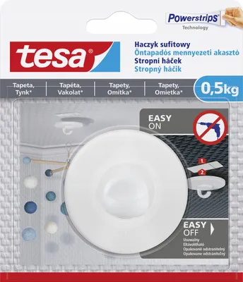 Product packaging for a Tesa Powerstrips ceiling hook.