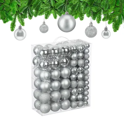 Weihnachtskugeln Set 138er, Kunststoff, glitzernd, silber, 3/4/6 cm