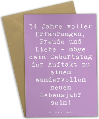 Produktbild von Mr. & Mrs. Panda Glückwunschkarte Spruch 34. Geburtstag Erlebnisse - Lavendeltraum - Geschenk, osterkarten, weihnachtskarten, unvergessliche, Familie, Grußkarte, 34 Jahre
