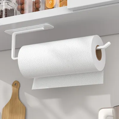 Image de Porte-rouleau de papier essuie-tout sans perçage – Porte-rouleau pratique, blanc et autocollant, pour ranger et organiser les rouleaux de papier essuie-tout sous les placards de cuisine. Porte-rouleau de papier essuie-tout à fixation murale.