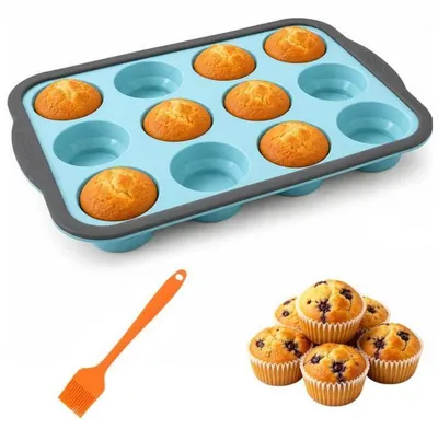 Immagine prodotto di Stampo in silicone per 12 muffin, con cornice in metallo, inclusi pennelli da forno, privo di BPA, antiaderente, verde/arancione