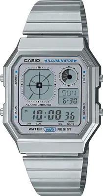 A silver Casio digital watch with a metal band is shown against a white background.