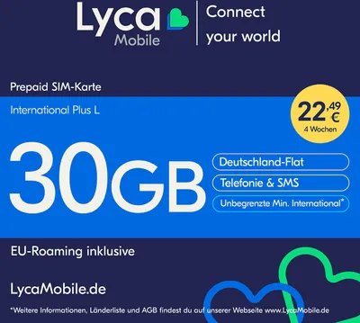 Produktbild von Lyca Mobile Prepaid Smartphone SIM Karte ohne Vertrag International Plus L 30GB