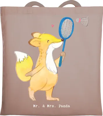 Produktbild von Mr. & Mrs. Panda Tote Bag Fuchs Federball spielen - Braun Pastell - Geschenk, Laptoptasche, Schultasche, Jutebeutel, Tasche, Shopping, Badminton