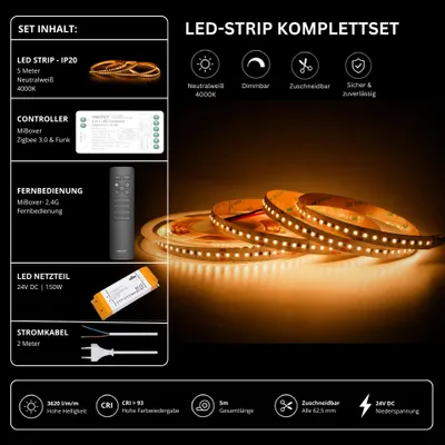 Produktbild von LED Streifen Set High Power Neutralweiß 4000K – SMD LED Streifen 24V, 22 W/m, 3620 lm/m, 5m – SS150 Netzteil, SZ2 Zigbee 3.0 Controller und C1 Fernbedienung Schwarz