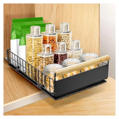 Produktbild von Ausziehbare Schublade für die Küche, Kohlenstoffstahl Schrank Organizer, Teleskopschublade, geeignet für Küche, Bad, Speisekammer 40cm x 23cm x 11cm (Grau)