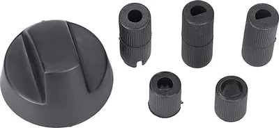 A black universal knob and several adapters are displayed on a white background.