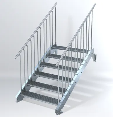Produktbild von Stahltreppe 6 Stufen bis Höhe 120 cm, Laufbreite : 110 cm beidseitiges Geländer ST 2 (31 / 31 mm gezackt)