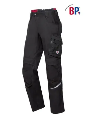 A pair of black work pants with cargo pockets and reflective accents, presented on a white background.